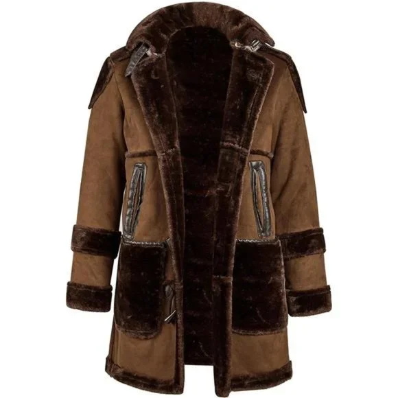 Men's Shearling Leather Coat Faux Suede Sherpa Lined Sheepskin Jacket with Hood - Picture 1 of 5